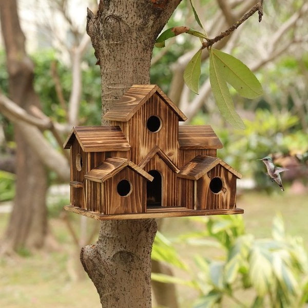 Handmade Wooden Birdhouse — 6 Entry Holes for Smaller Birds