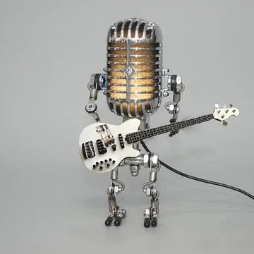 Vintage bordlampe med metallmikrofon og robotdesign - gitarutforming