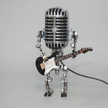 Vintage bordlampe med metallmikrofon og robotdesign - gitarutforming
