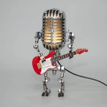 Vintage bordlampe med metallmikrofon og robotdesign - gitarutforming