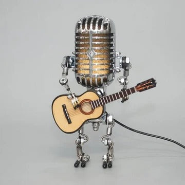 Vintage bordlampe med metallmikrofon og robotdesign - gitarutforming