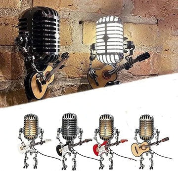 Vintage bordlampe med metallmikrofon og robotdesign - gitarutforming