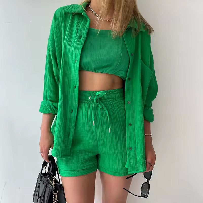 Ensemble Femme Été 2 Pièces – Chemise Plissée & Short Taille Haute