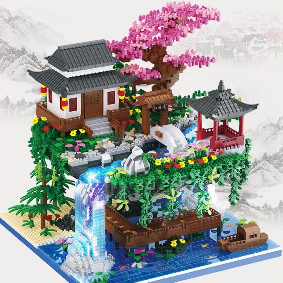 Fossfall Japanese House Sakura Floating Island Nano Building Kit — 3660+ Pieces