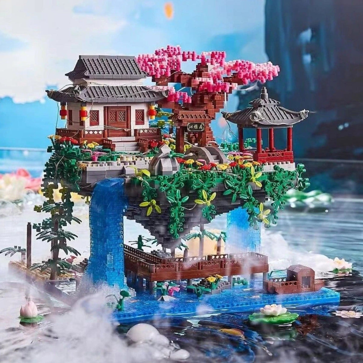 Fossfall Japanese House Sakura Floating Island Nano Building Kit — 3660+ Pieces