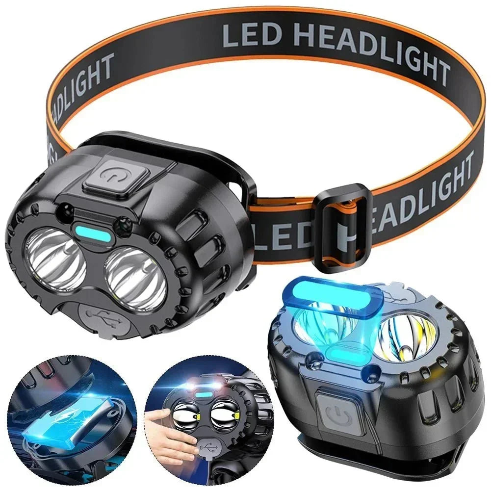 Laddningsbar LED-pannlampa — 250 lumen, IPX4-vattentålighet, handsfreepassform med rörelsesensor