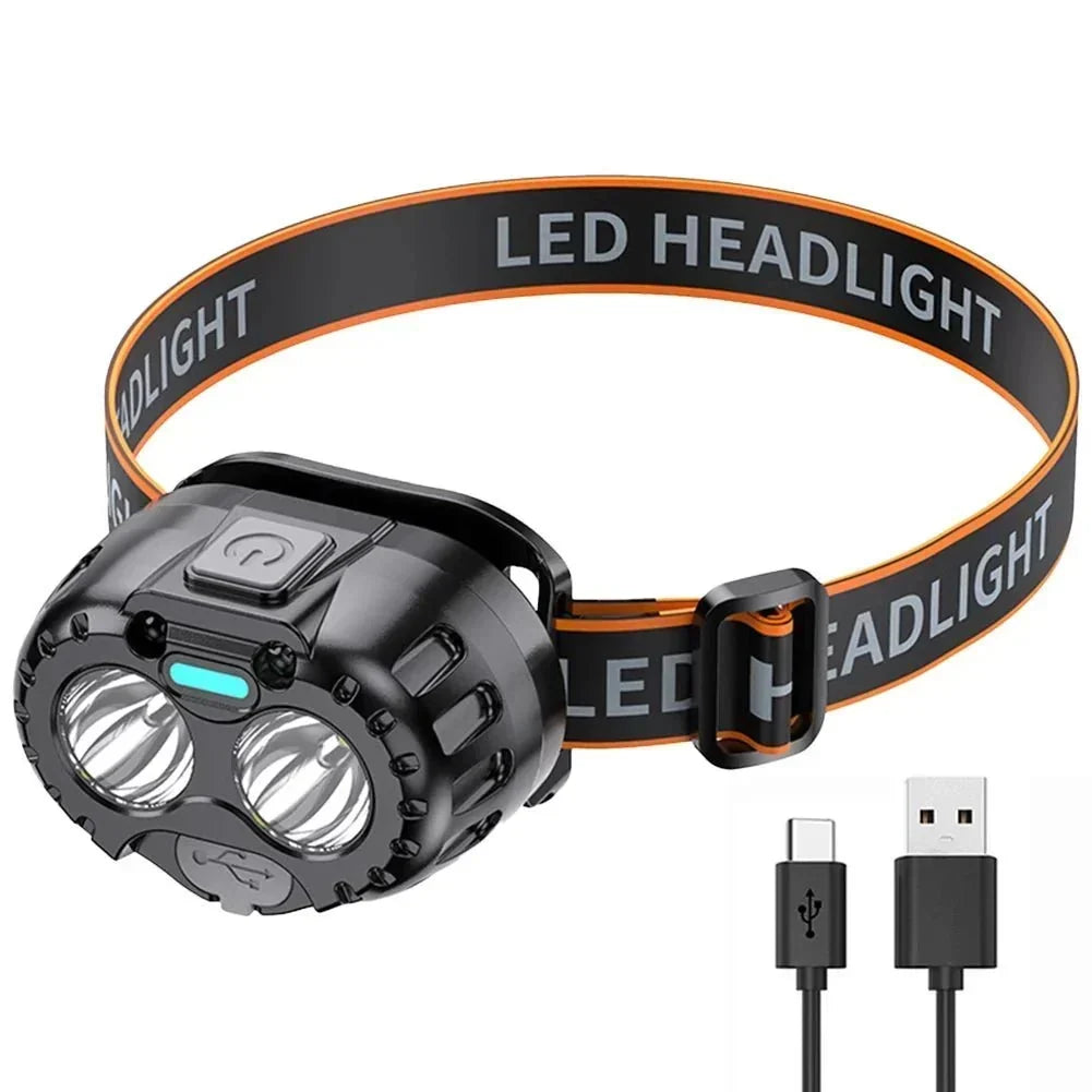 Laddningsbar LED-pannlampa — 250 lumen, IPX4-vattentålighet, handsfreepassform med rörelsesensor