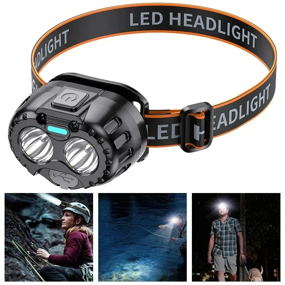 Laddningsbar LED-pannlampa — 250 lumen, IPX4-vattentålighet, handsfreepassform med rörelsesensor
