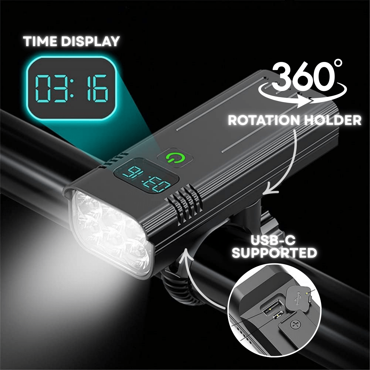 RoadGlow X-cykellampa — 12 LED-lampor, 5000 lumen, USB-C-uppladdningsbart batteri