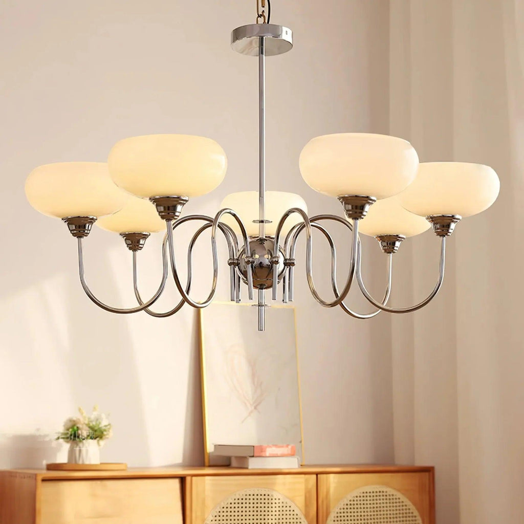 Żyrandol ze szklanymi kloszami w kolorze kremowej persymony, w stylu mid-century, z funkcją ściemniania, do salonu | boxzora