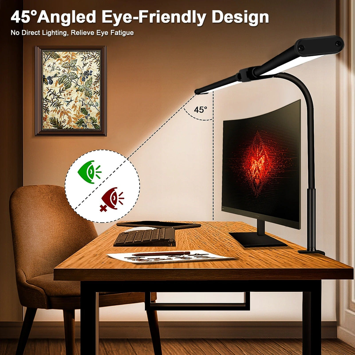 LED-skrivbordslampa med dubbla huvuden — justerbara, dubbla svängarmar, stark och energieffektiv belysning