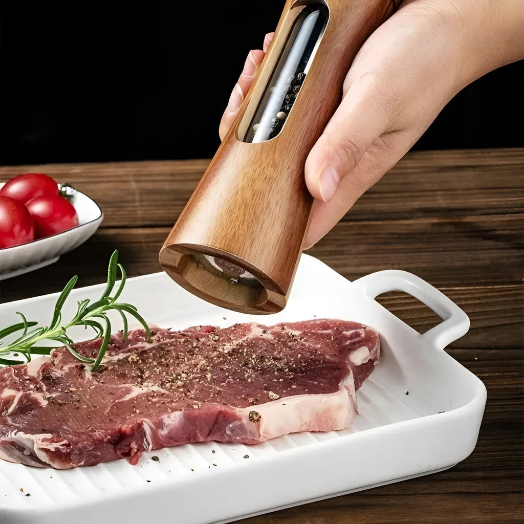 Set manual SpiceCraft de râșnițe pentru sare și piper – Niveluri de măcinare reglabile, fereastră din acril, design din lemn
