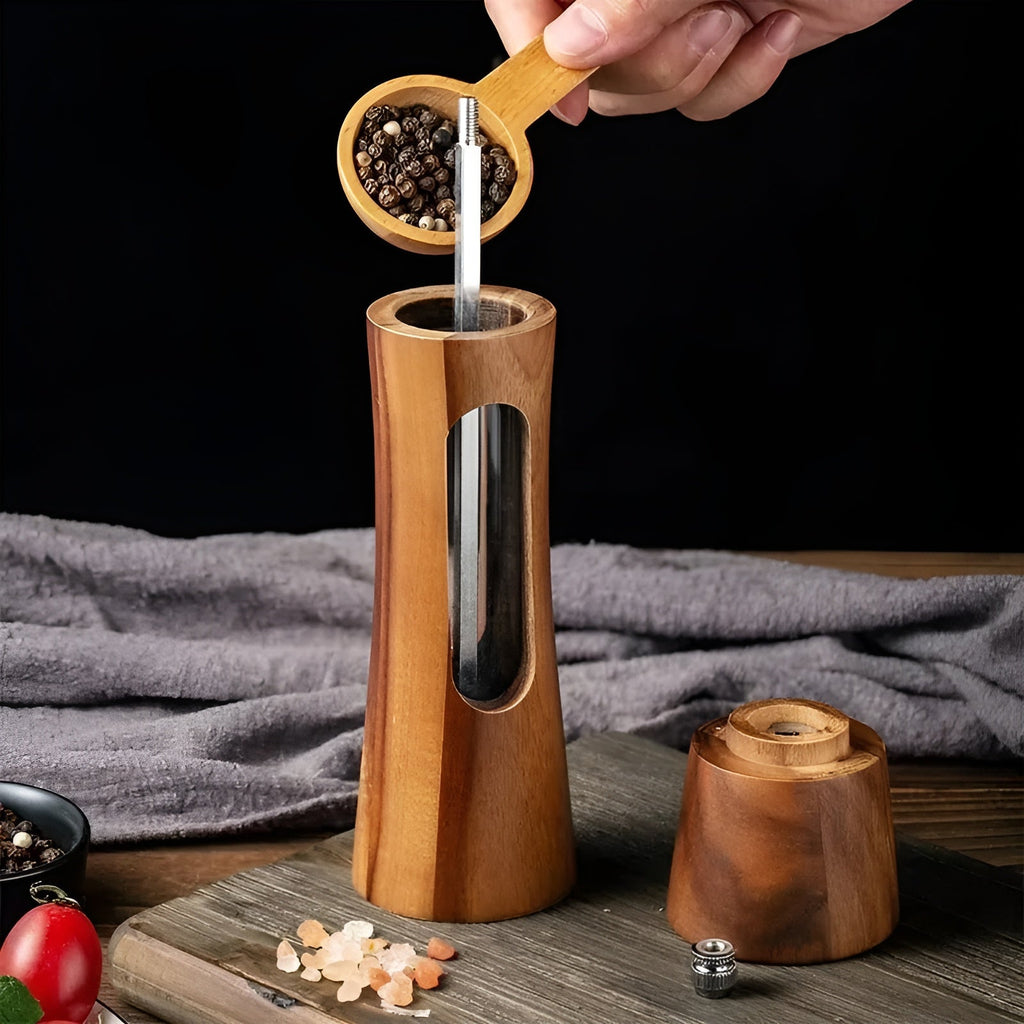 Set manual SpiceCraft de râșnițe pentru sare și piper – Niveluri de măcinare reglabile, fereastră din acril, design din lemn