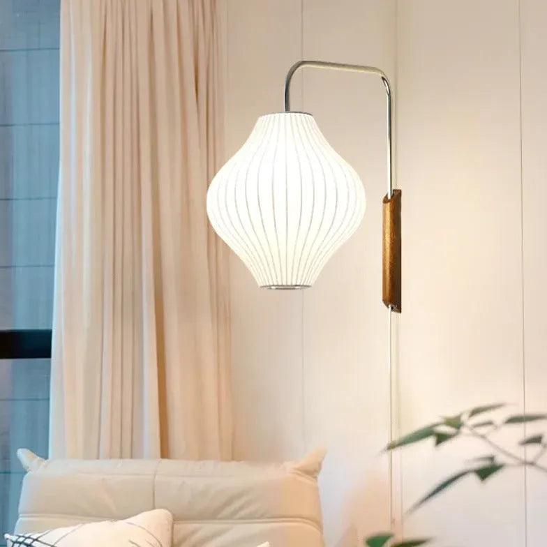 Rund vit japansk vägglampa i tyg med LED för sovrummet | boxzora
