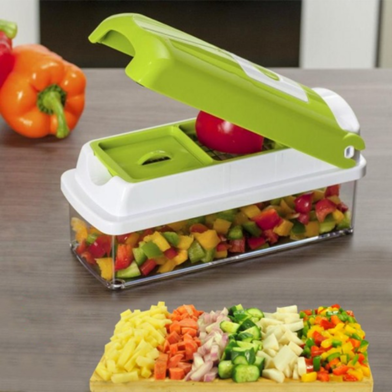 CutMate 12-in-1 Vegetable Cutter — Stainless Steel Blades, Removable Collection Container & Safety Finger Guard, Space-Saving Build