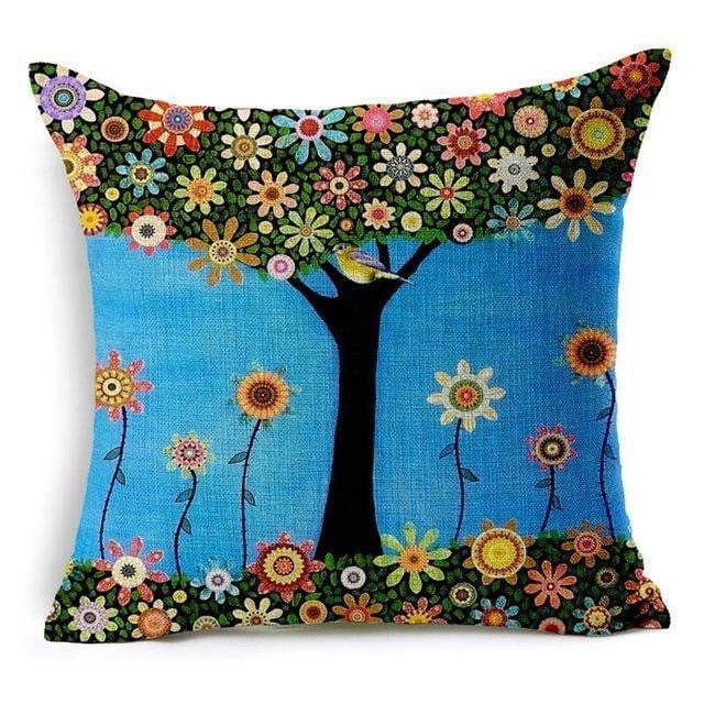 Sierkussenhoes met levensboom en vogels — vierkante kussenhoes met bloemenprint