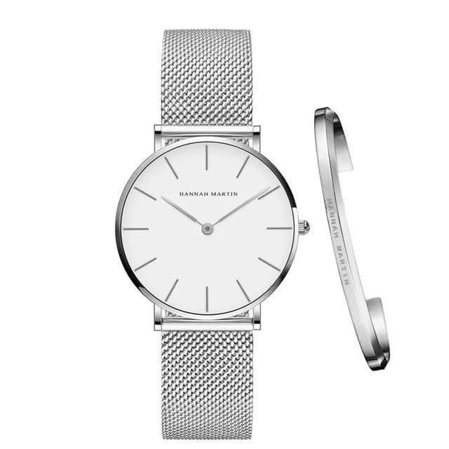 Relógio Hannah Martin para mulher — Bracelete ajustável em aço inoxidável, mostrador de 36 mm, à prova de água