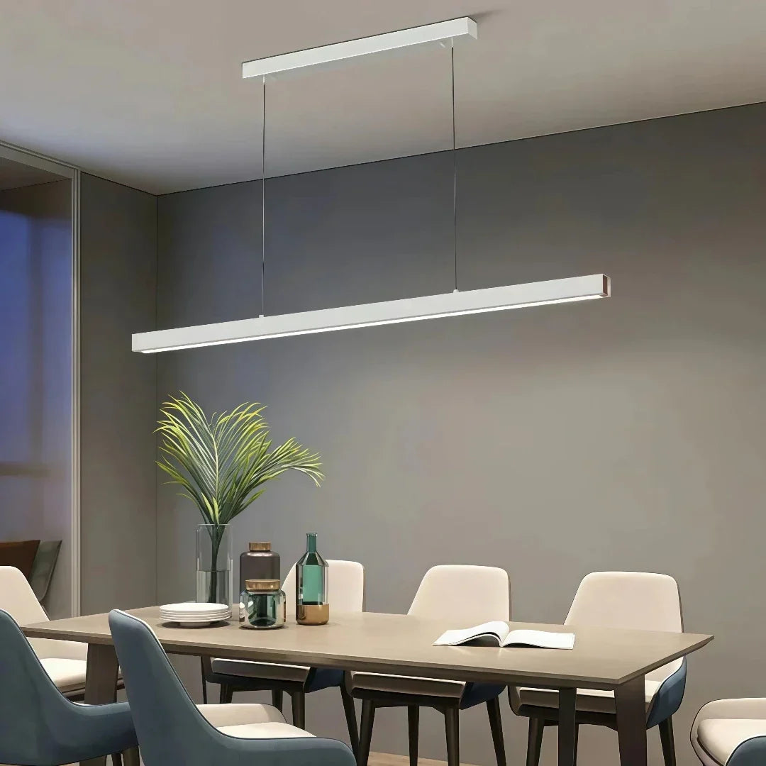 Minimalistické lineární stmívatelné kovové závěsné světlo do jídelny | boxzora