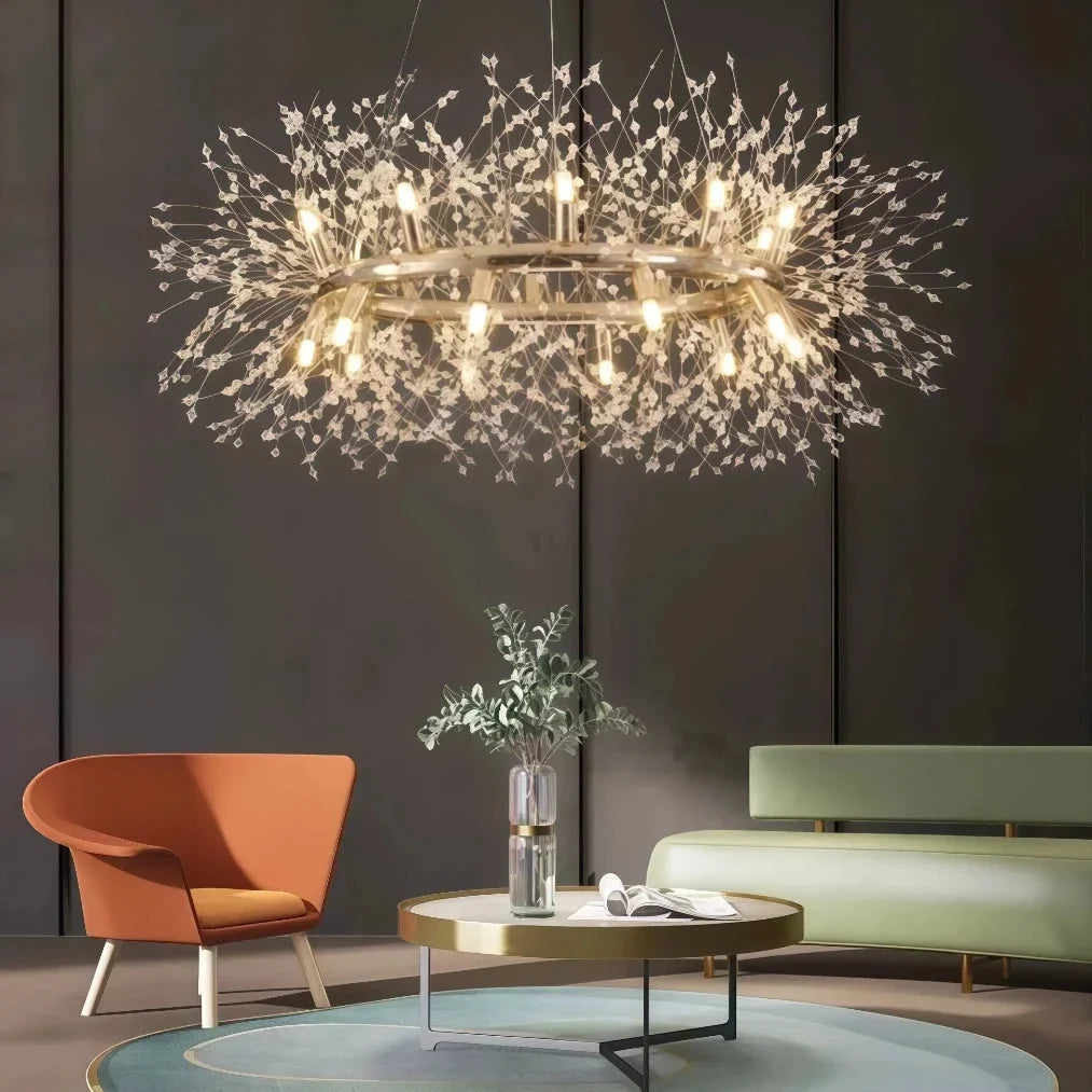 Candelabru luxos cu cristale, în formă de artificii, antireflexie, pentru living | boxzora
