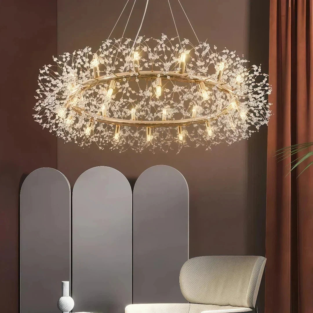 Candelabru luxos cu cristale, în formă de artificii, antireflexie, pentru living | boxzora