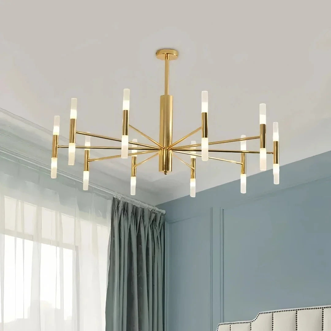Moderner goldener Metallkronleuchter für das Wohnzimmer, blendfrei | boxzora
