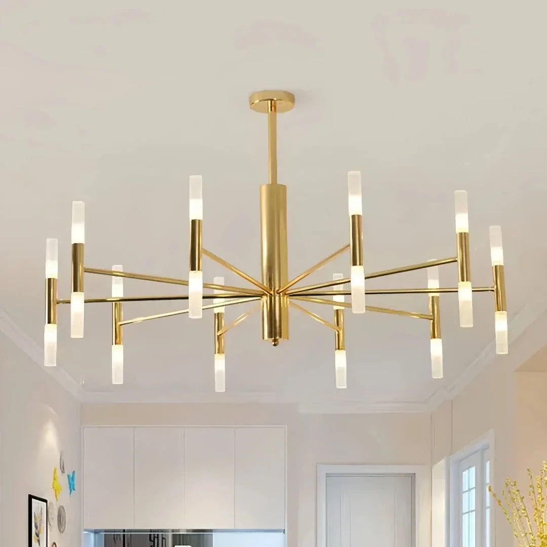 Moderner goldener Metallkronleuchter für das Wohnzimmer, blendfrei | boxzora