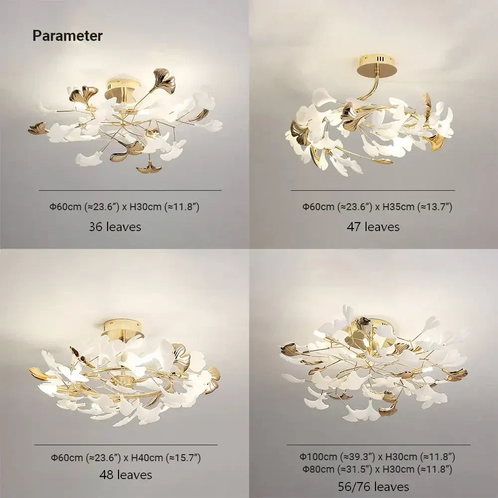 Luksuriøs ginkgo-loftslampe i messing og keramik til stuen, antirefleks | boxzora
