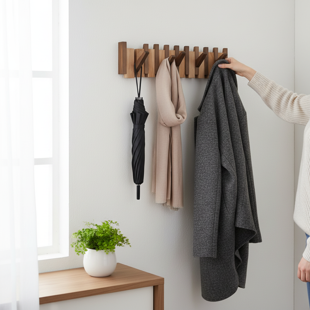 Wall-Mounted Wood Coat Rack — Fold-Out Hooks, Vertical Panels