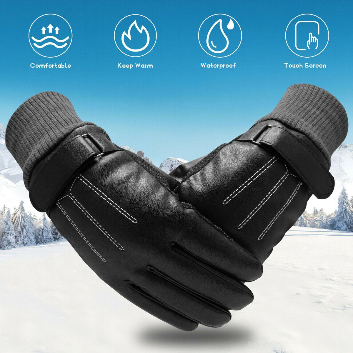 Gants de ski en cuir imperméables, conçus pour résister à -30℃ — isolation thermique, compatibles avec les écrans tactiles