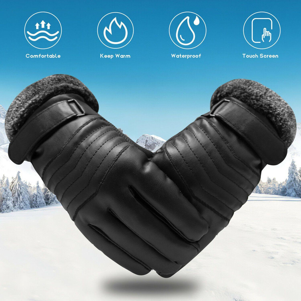 Gants de ski en cuir imperméables, conçus pour résister à -30℃ — isolation thermique, compatibles avec les écrans tactiles