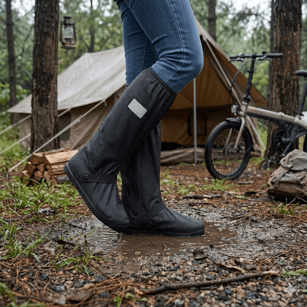 Couvre-chaussures imperméables montants et réfléchissants — Revers supérieur prolongé