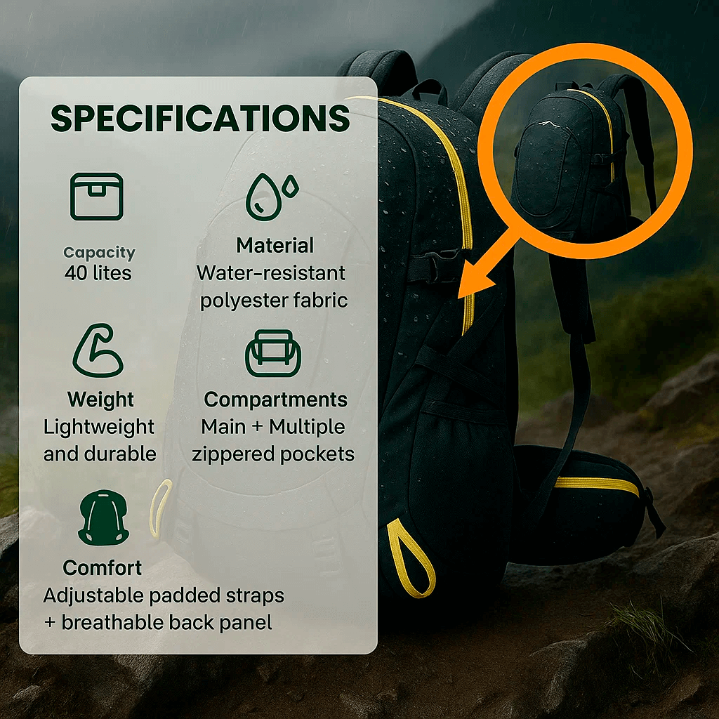 Wasserdichter Wanderrucksack mit 40L Fassungsvermögen – mehrere Fächer, geräumige Innenaufteilung