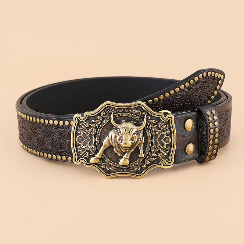 Vintage Western Cowboy Belt — Wild Horse And Bull Motif Graphics