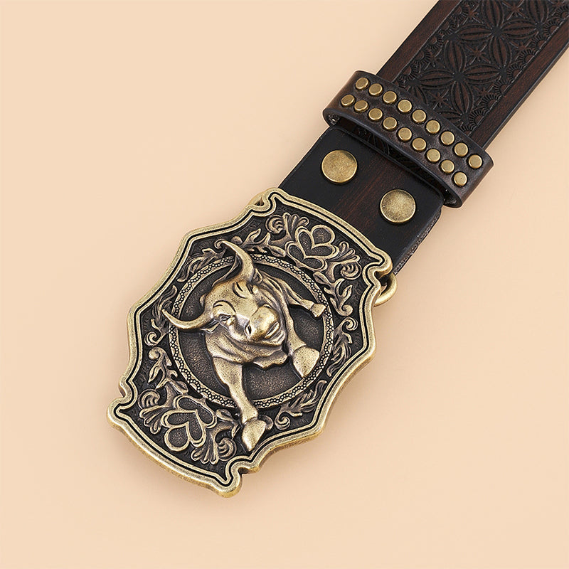 Vintage Western Cowboy Belt — Wild Horse And Bull Motif Graphics