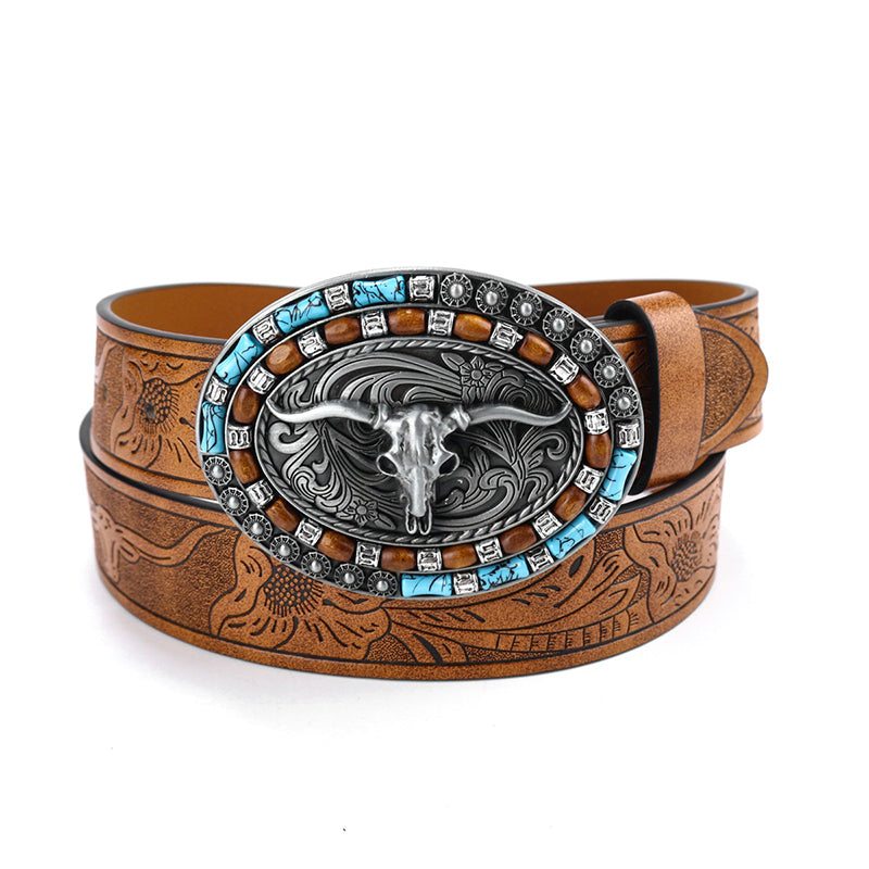 Vintage Western Cowboy Belt — Wild Horse And Bull Motif Graphics