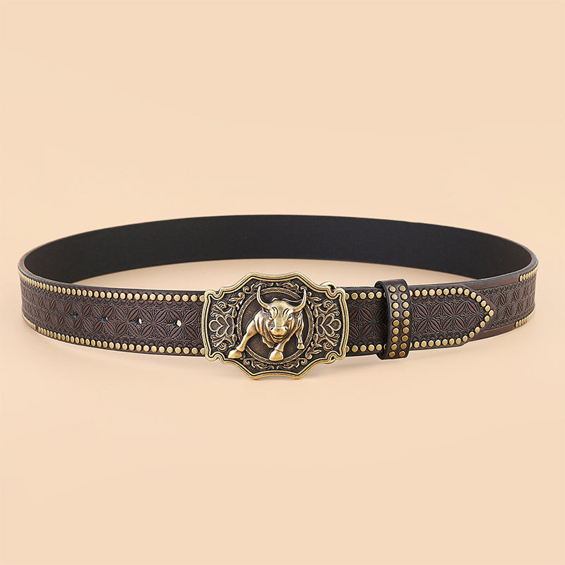 Vintage Western Cowboy Belt — Wild Horse And Bull Motif Graphics