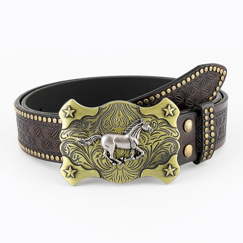 Vintage Western Cowboy Belt — Wild Horse And Bull Motif Graphics