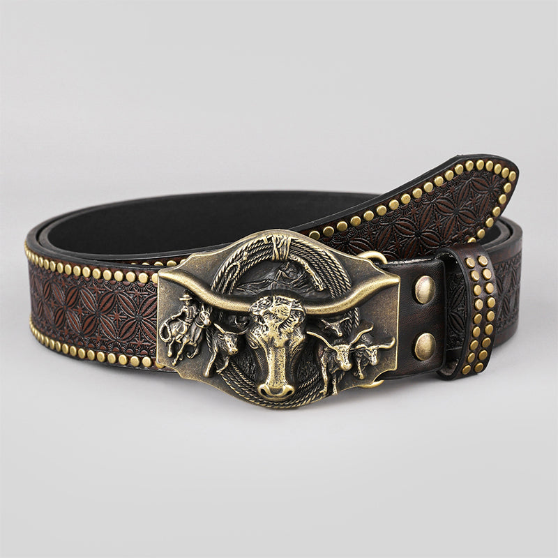Vintage Western Cowboy Belt — Wild Horse And Bull Motif Graphics