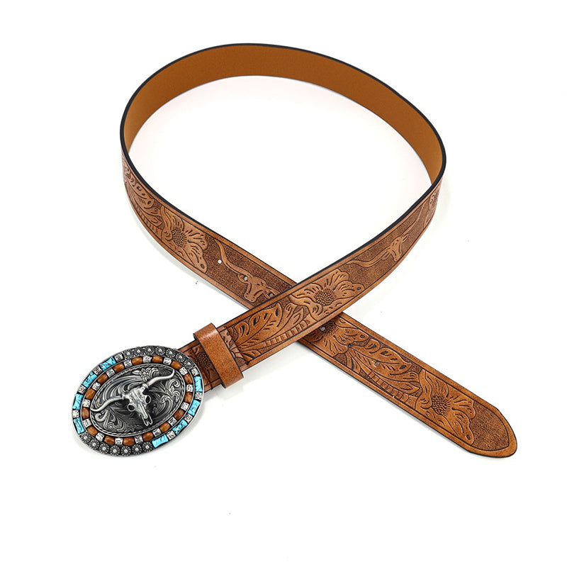 Vintage Western Cowboy Belt — Wild Horse And Bull Motif Graphics
