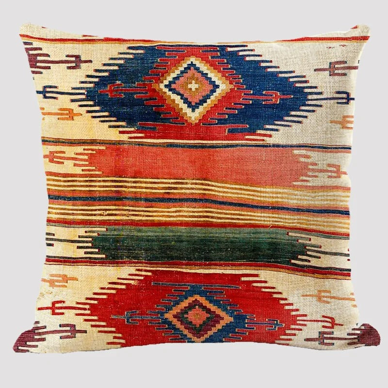 Wielokolorowa lniana poszewka na poduszkę BohoLoom — styl boho-chic, zapięcie na zamek błyskawiczny, 45 x 45 cm