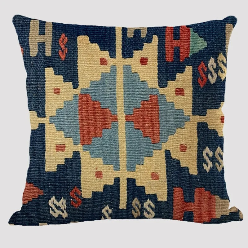 Wielokolorowa lniana poszewka na poduszkę BohoLoom — styl boho-chic, zapięcie na zamek błyskawiczny, 45 x 45 cm