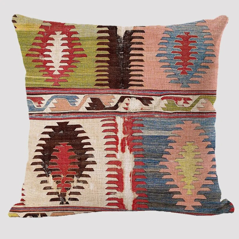 Wielokolorowa lniana poszewka na poduszkę BohoLoom — styl boho-chic, zapięcie na zamek błyskawiczny, 45 x 45 cm