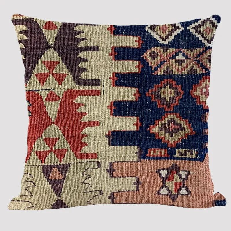 Wielokolorowa lniana poszewka na poduszkę BohoLoom — styl boho-chic, zapięcie na zamek błyskawiczny, 45 x 45 cm