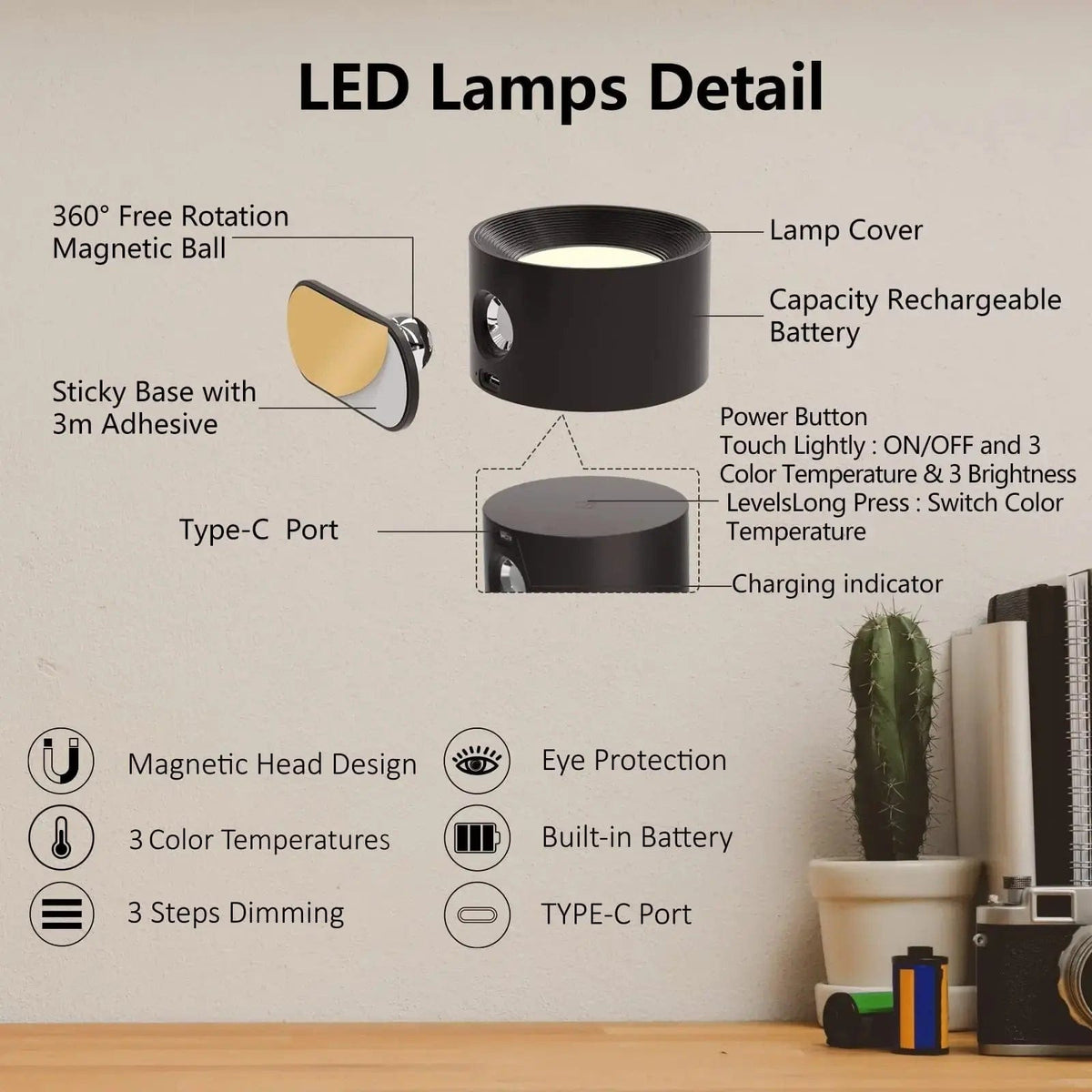 Luz de pared recargable y ajustable de 360° — con batería, inalámbrica, instalación sin herramientas