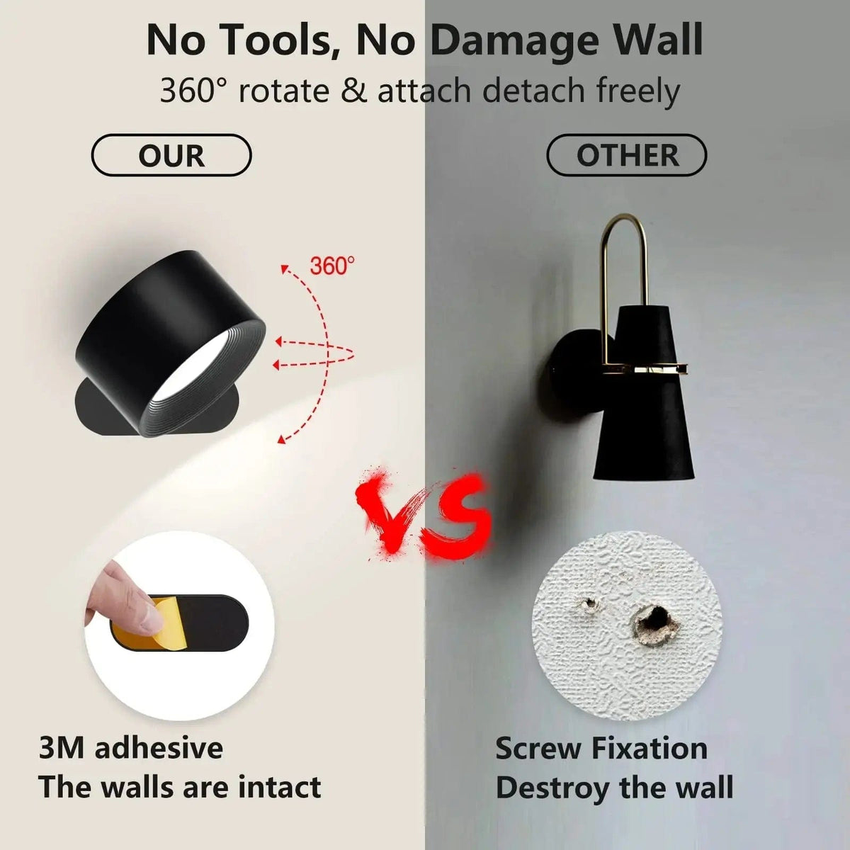 Luz de pared recargable y ajustable de 360° — con batería, inalámbrica, instalación sin herramientas