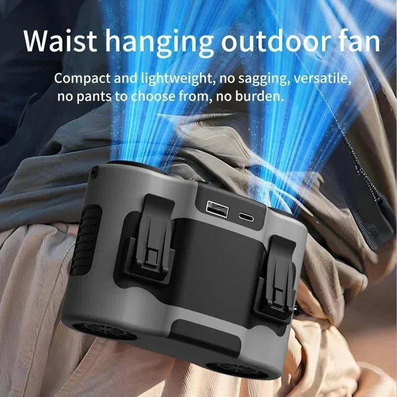 Oplaadbare outdoorventilator voor de taille — waterbestendig, handsfree