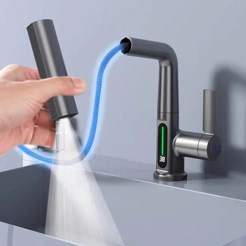 WaterMaster Rubinetto da cucina — Girevole a 360 gradi, display LED della temperatura, 5 modalità di spruzzo, tubo estensibile da 60cm