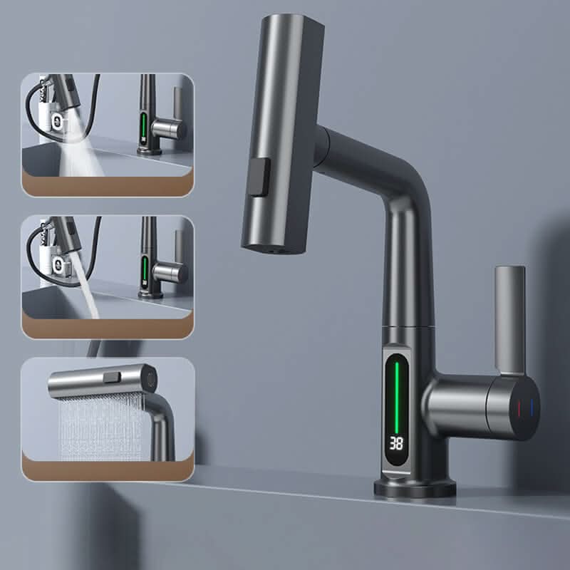 WaterMaster Rubinetto da cucina — Girevole a 360 gradi, display LED della temperatura, 5 modalità di spruzzo, tubo estensibile da 60cm
