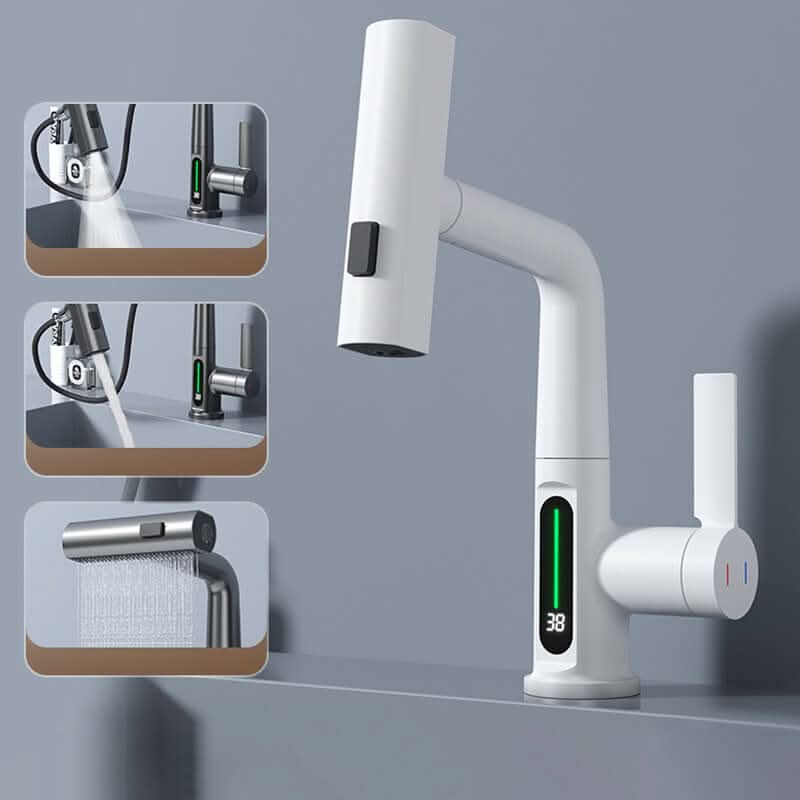 WaterMaster Rubinetto da cucina — Girevole a 360 gradi, display LED della temperatura, 5 modalità di spruzzo, tubo estensibile da 60cm