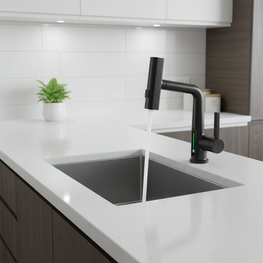 WaterMaster Rubinetto da cucina — Girevole a 360 gradi, display LED della temperatura, 5 modalità di spruzzo, tubo estensibile da 60cm